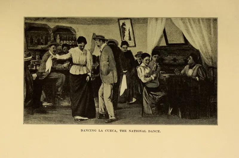 Grabado de 1912 de un salón con una pareja bailando cueca y músicos.