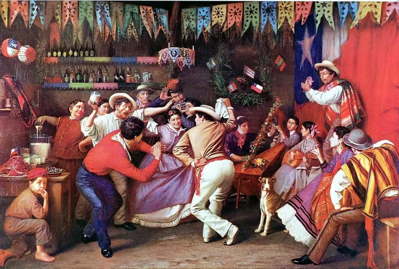 Pintura al óleo de una ramada con una pareja bailando cueca con pañuelos, músicos con arpa y guitarra y público alrededor.
